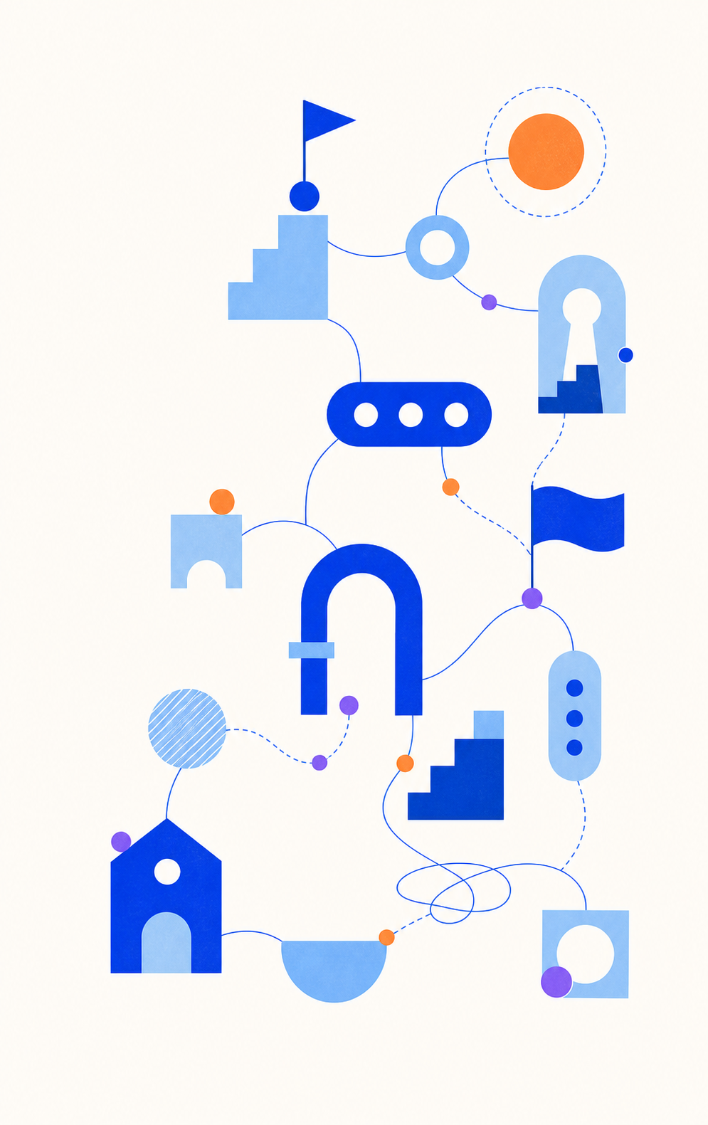 A blue constellation of connected objects, arches, flags, and small buildings