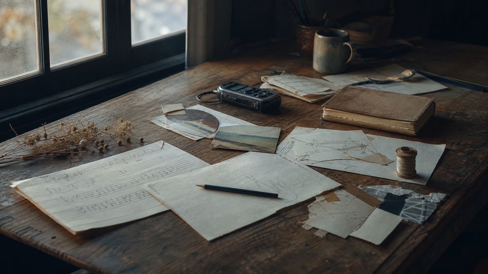 A worktable holding a recorder, music, sketches, a notebook, and pieces of an unfinished creative practice.